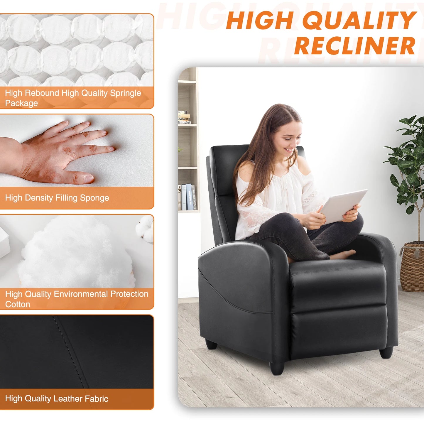 Black recliner chair with a woman using a tablet, surrounded by text about recliner quality features.