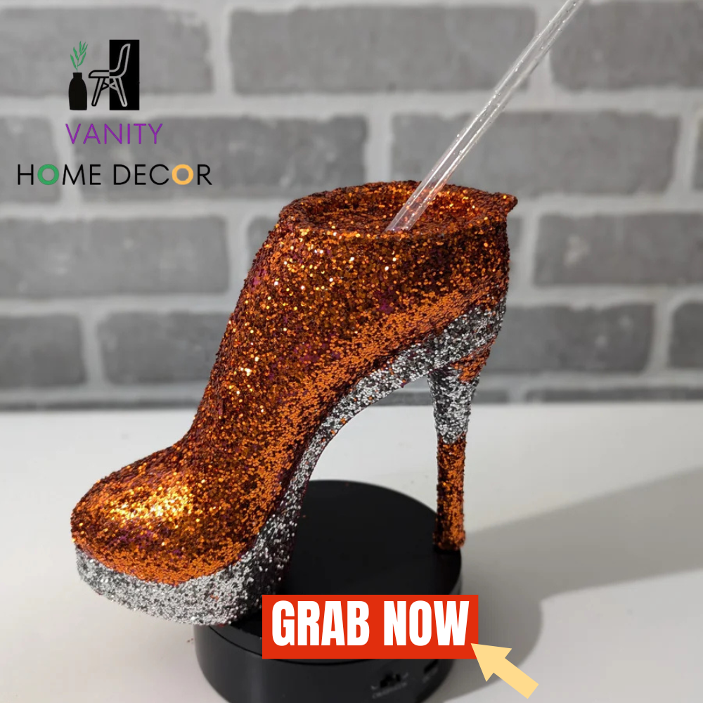 Sparkly high-heeled Custom Orange Stiletto Heel Tumbler Cup item with 'Vanity Home Decor'.