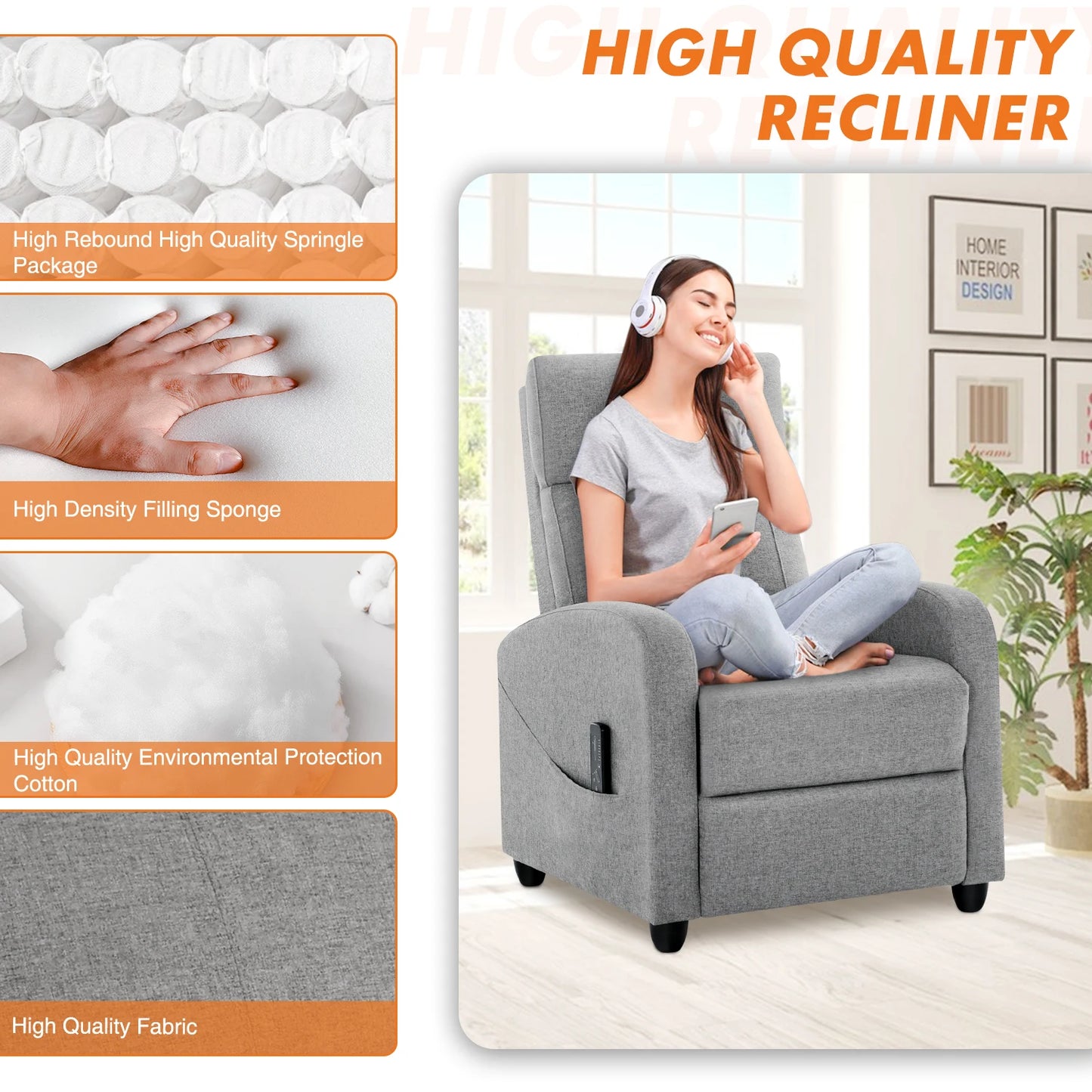 Gray recliner chair with a woman using a tablet, surrounded by text highlighting material quality.