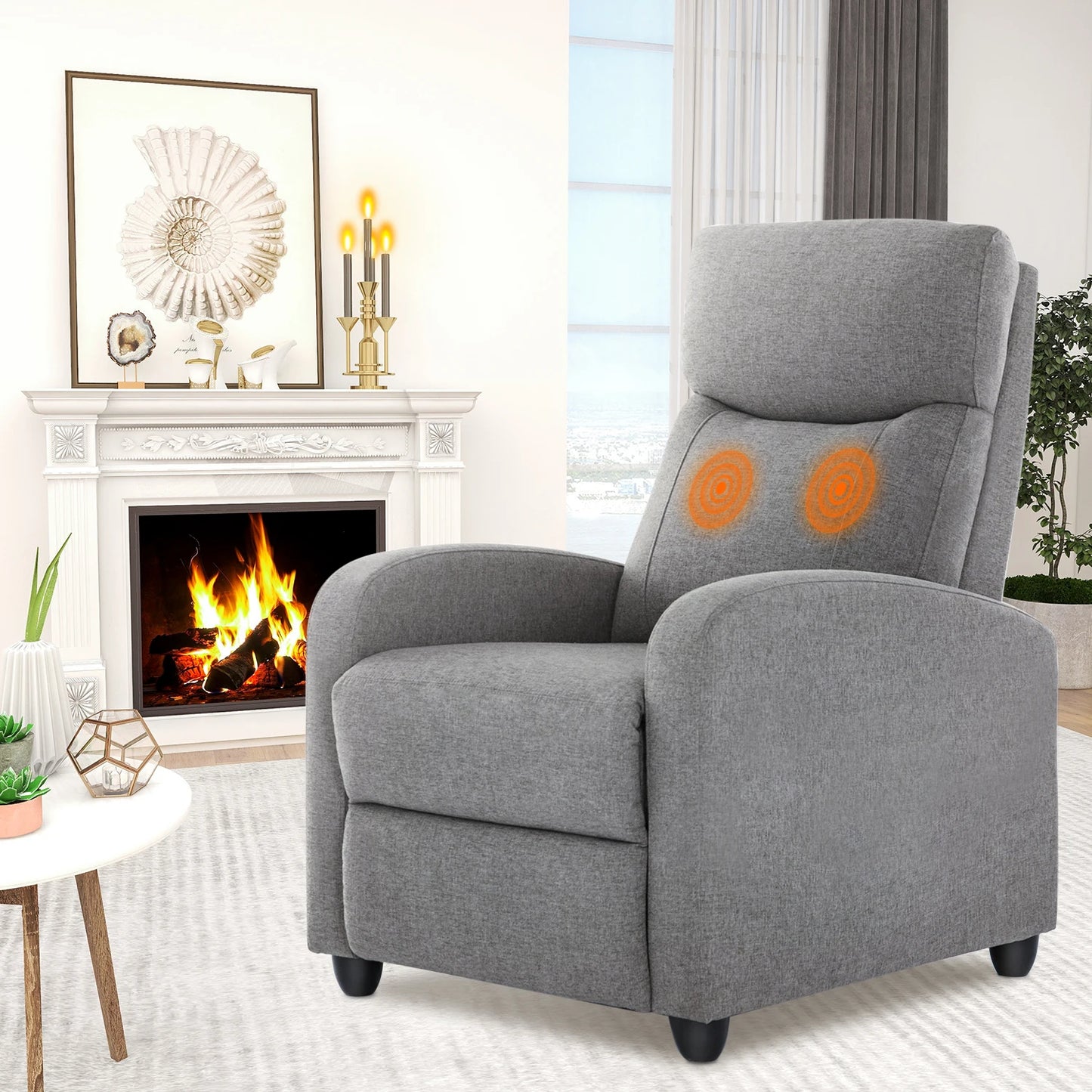Gray recliner chair with orange circular accents in a living room setting.