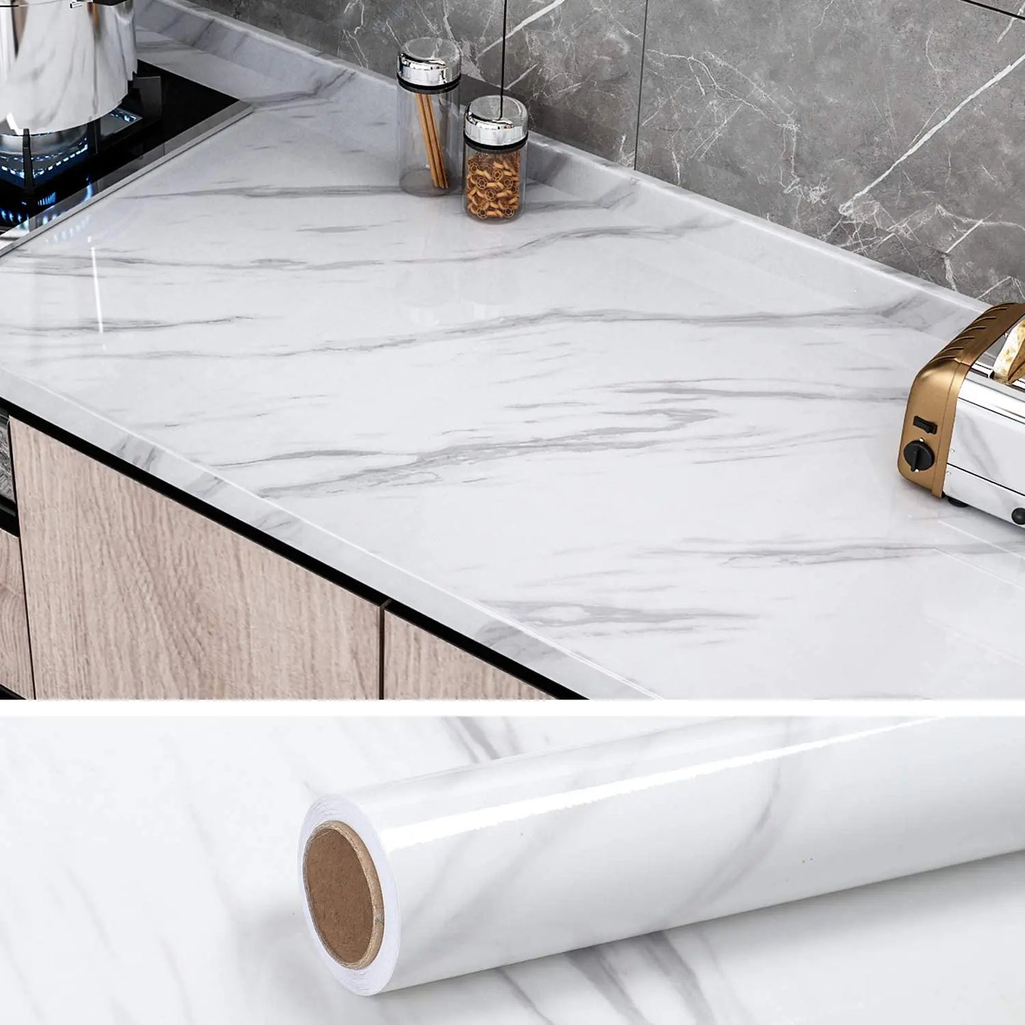 Marble-patterned kitchen countertop with a roll of marble-texture contact paper. Marble Peel and Stick Wallpaper