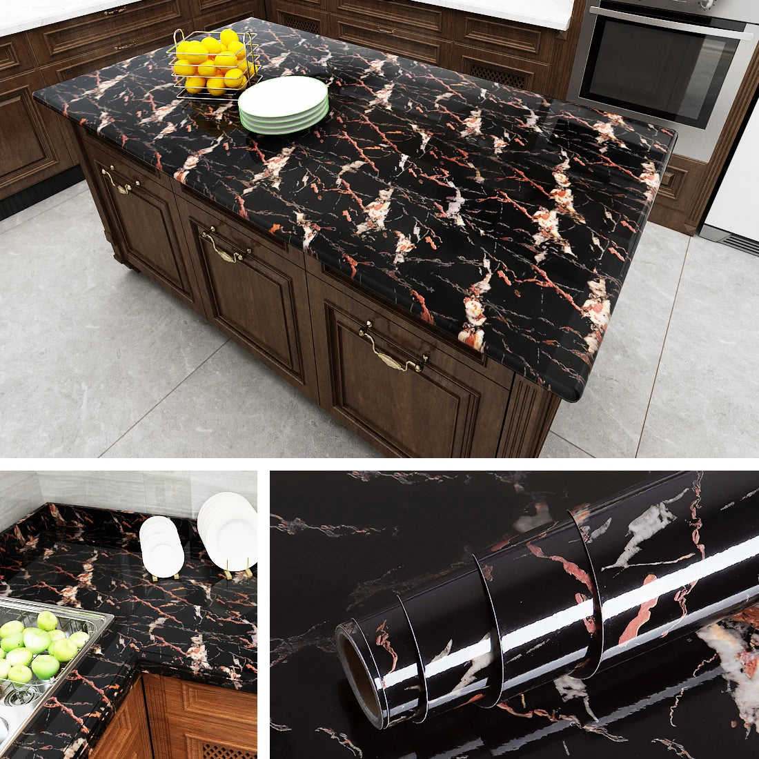 Marble-patterned kitchen island cover with a roll of the material on a black surface. Marble Peel and Stick Wallpaper