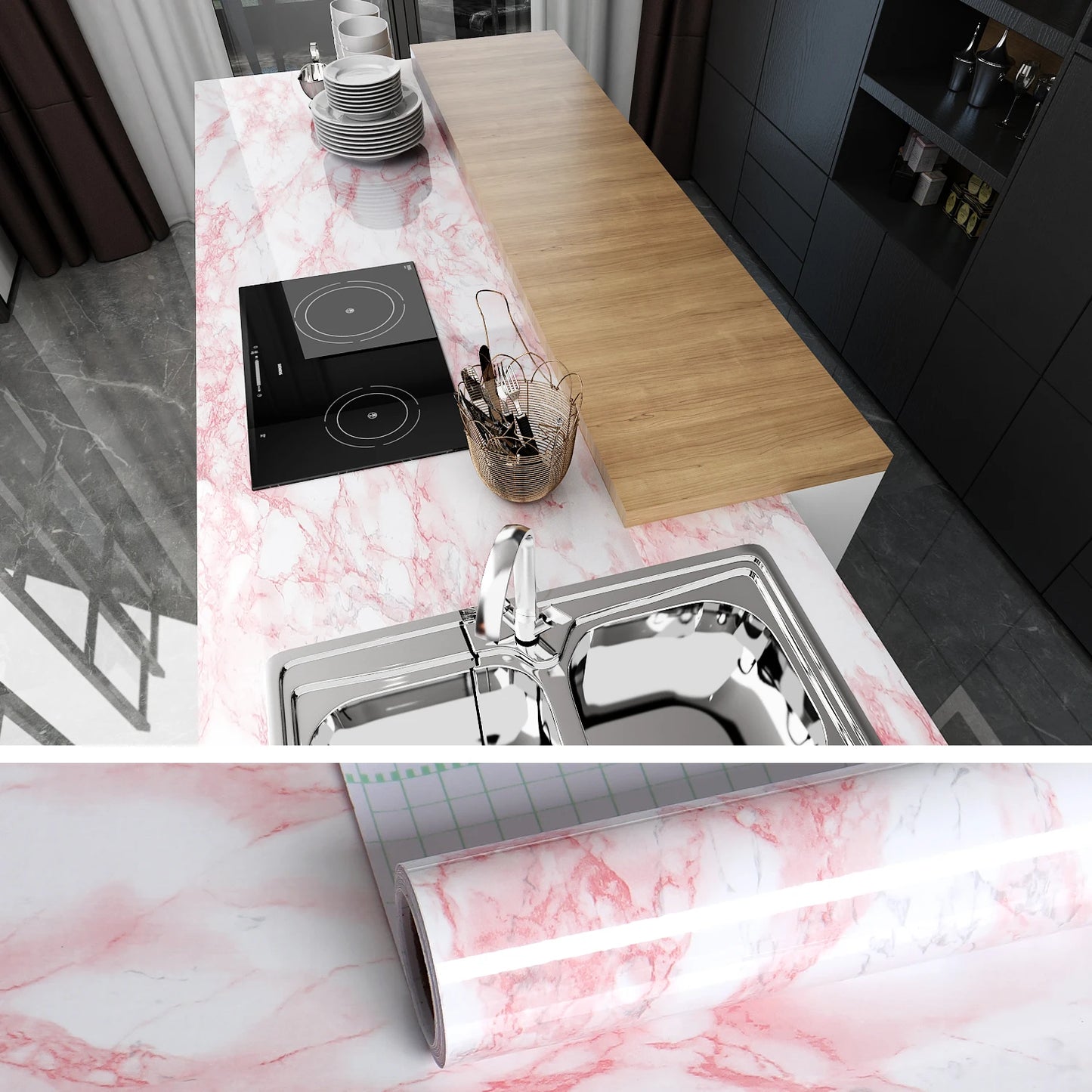 Marble-patterned kitchen countertop with sink and cooktop. Marble Peel and Stick Wallpaper