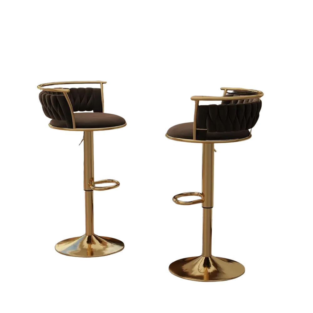 Two bar stools with black seats and gold metal frames on a white background