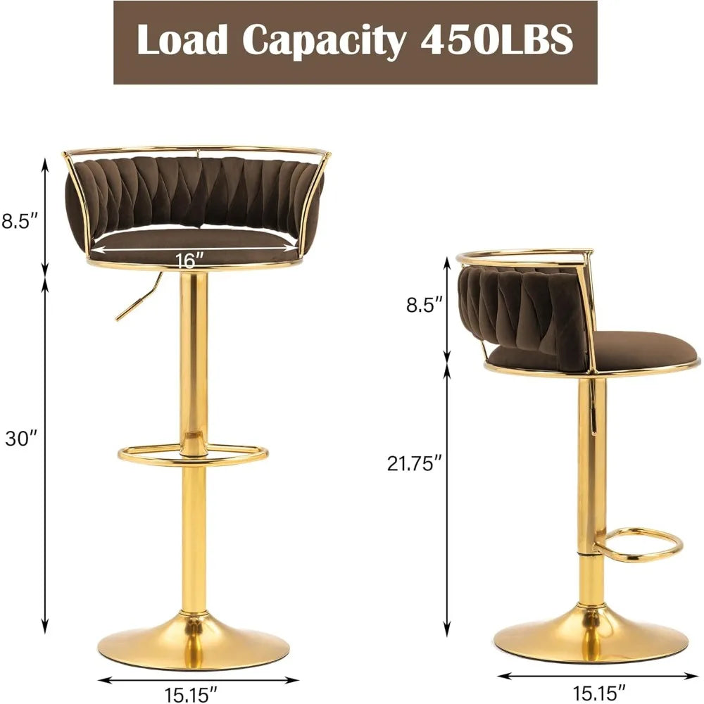 Bar stools with gold legs and brown cushioned seats, showing dimensions and load capacity.