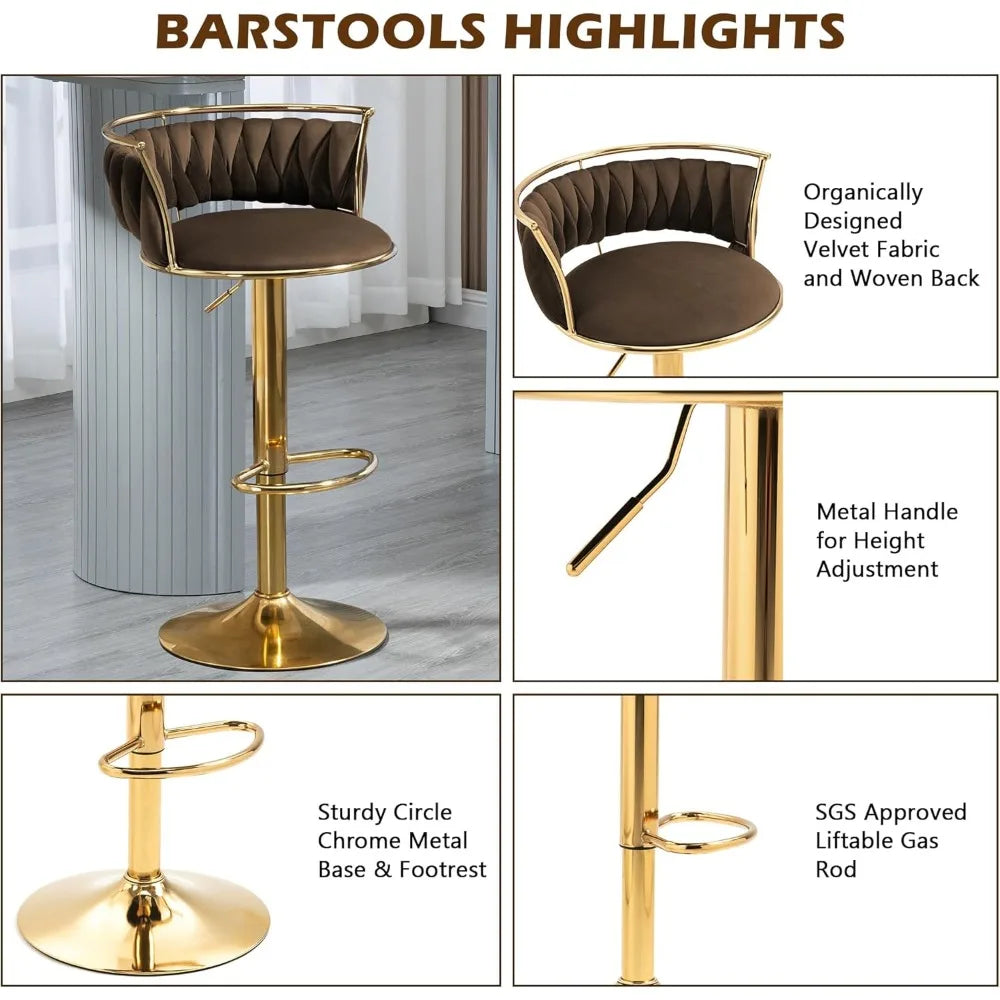 Barstool with gold base and brown seat, featuring text on design and features.