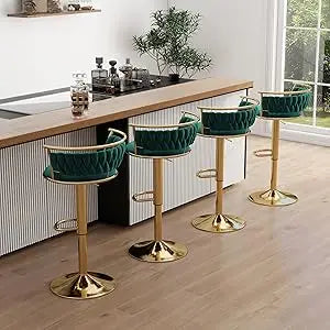 Green bar stools with gold bases in a kitchen setting
