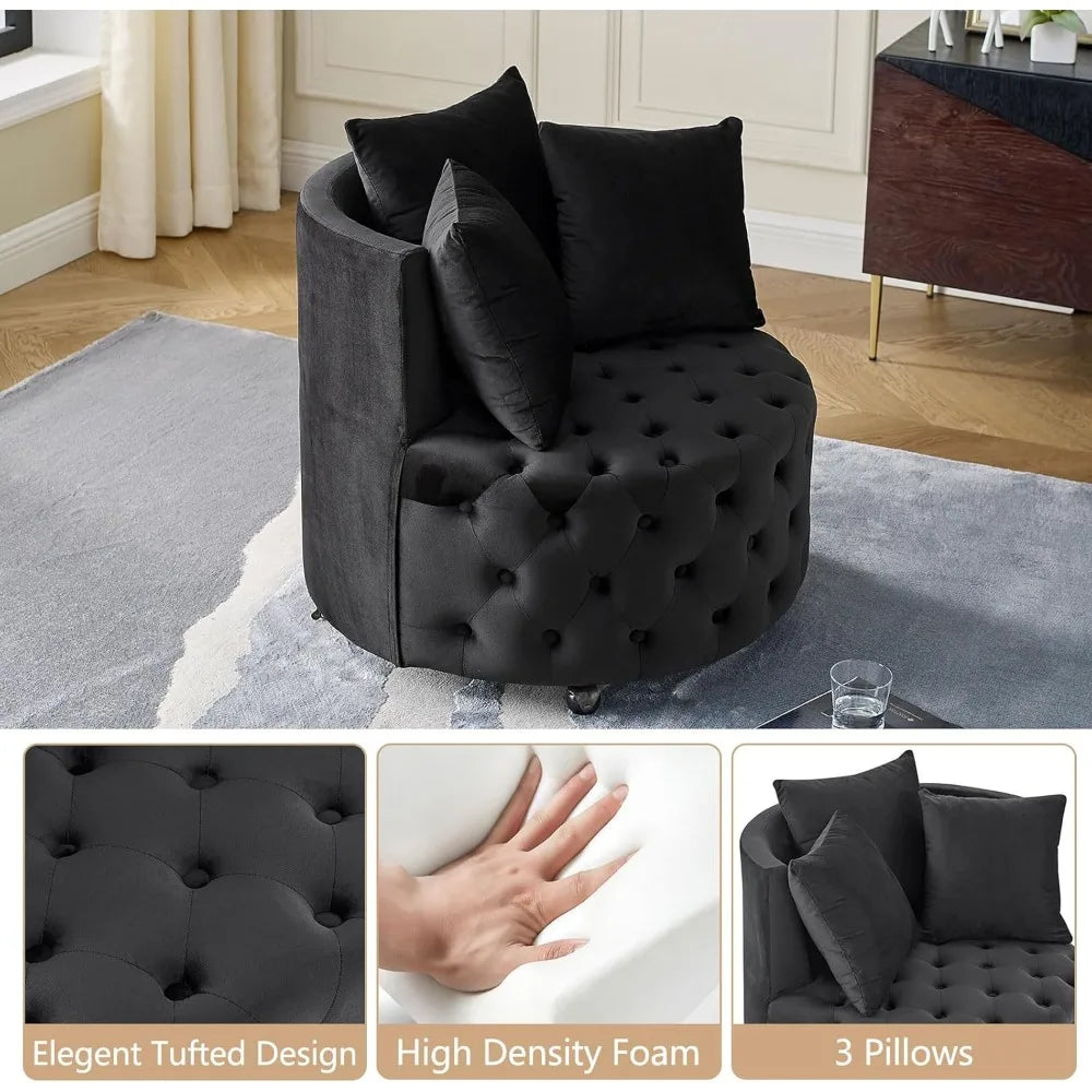 Black tufted armchair with three black pillows in a living room setting.